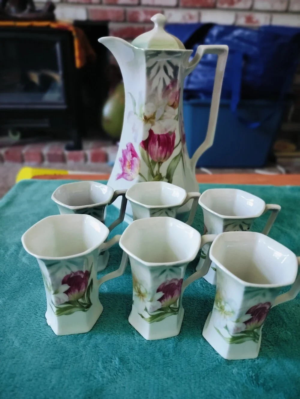 Antique German Porcelain Chocolate Pot Set 6 Cups Tulips Art Nouveau C. 1890s